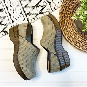 DANSKO Tan cloth multi colored dot pattern Clogs